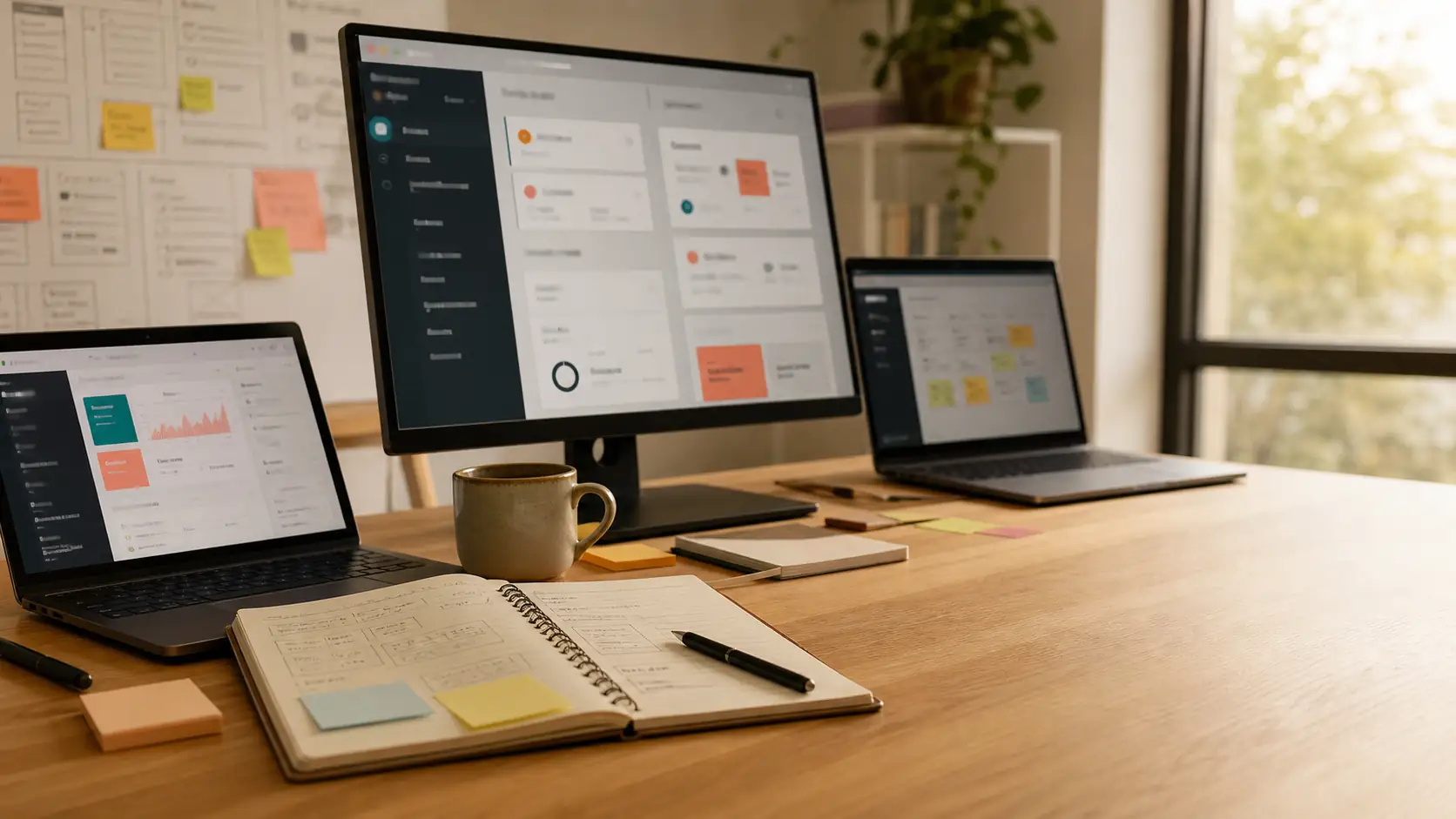 Product strategy team reviewing software interface designs in a workshop.