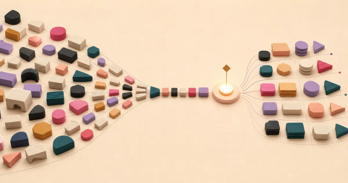 Abstract product blocks narrowing into one coherent path before branching into evidence-led iterations