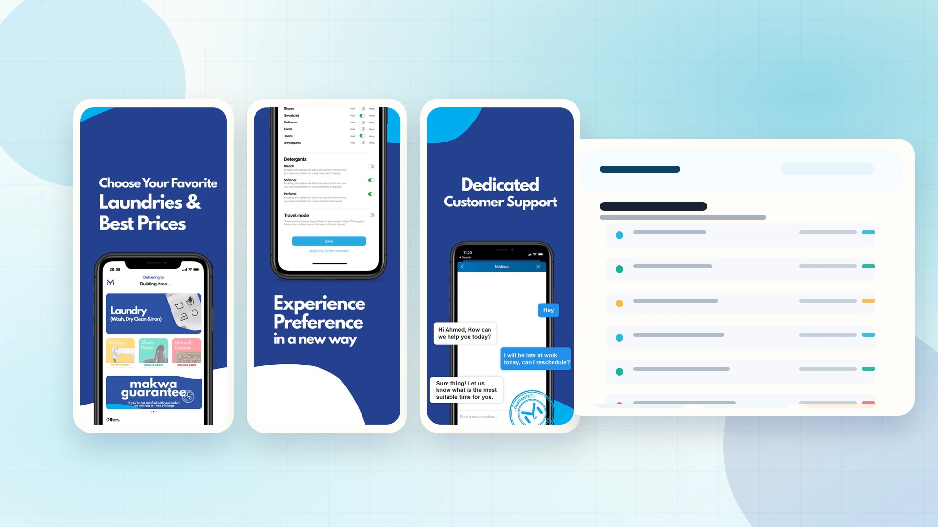 Makwa laundry marketplace screens with mobile app views and an adapted admin operations panel.
