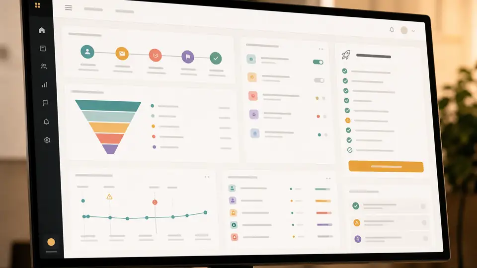 Product workspace showing an abstract launch dashboard and release plan across desktop and tablet screens.