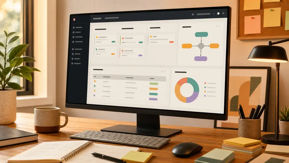 Operations workspace showing an abstract workflow platform, status queues, and reporting views.