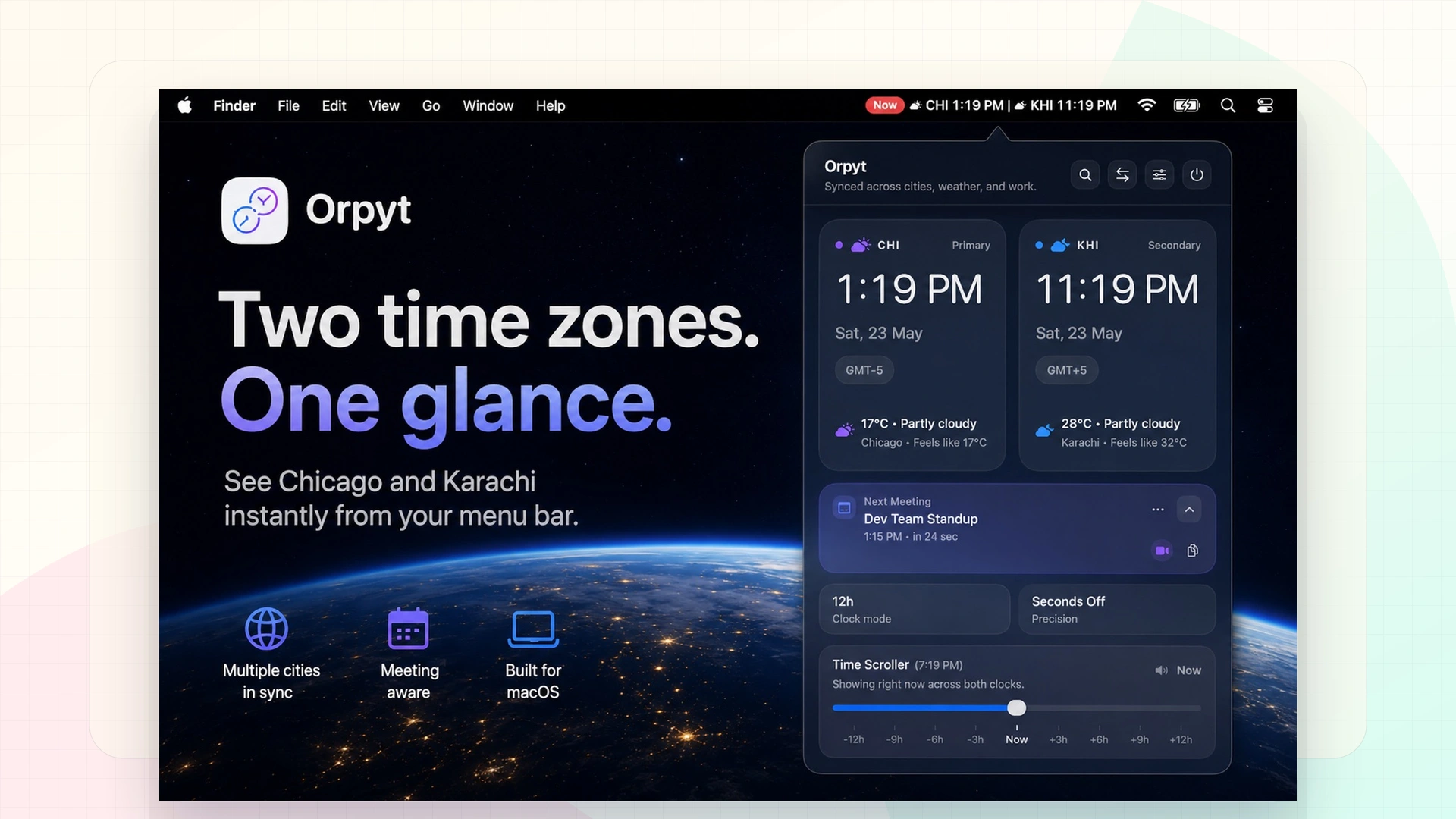 Orpyt macOS desktop menu bar clock shown in a Mac desktop scene with dual city clocks, weather context, meeting access, and time scroller.