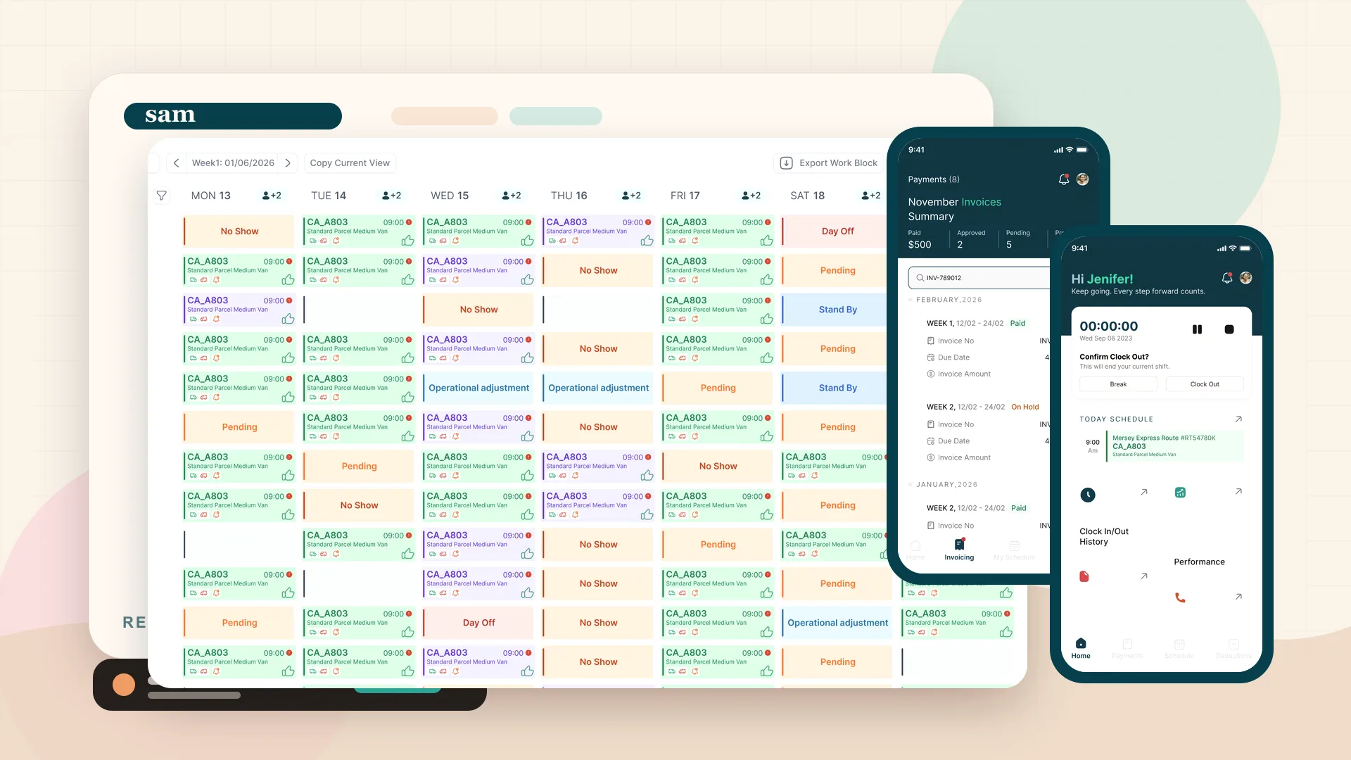 SAM compliance platform screens showing a scheduling dashboard and mobile driver app views.