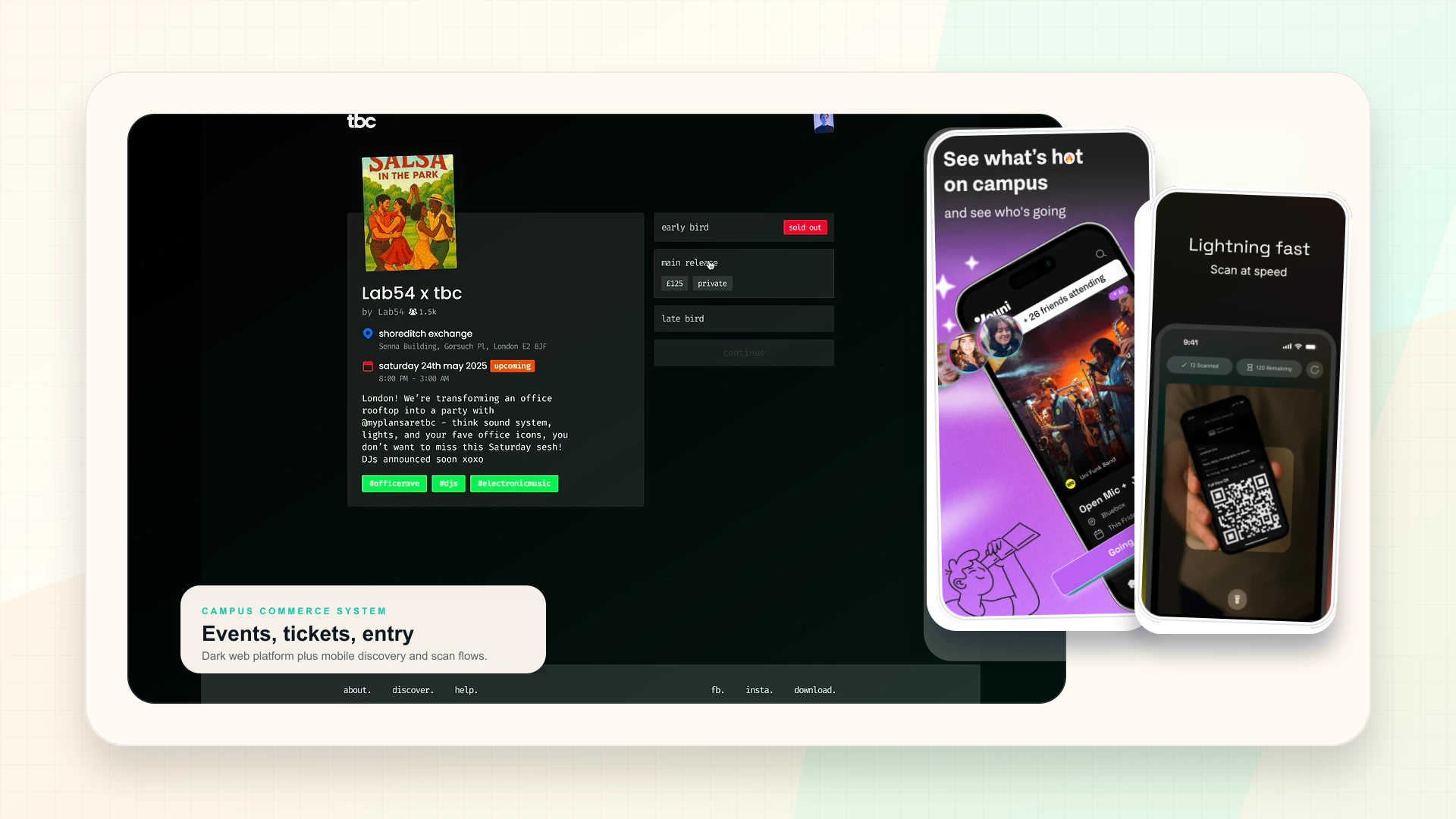 Youni campus events platform screens showing organiser tools, mobile event discovery, ticketing, entry scanning, and semantic search.
